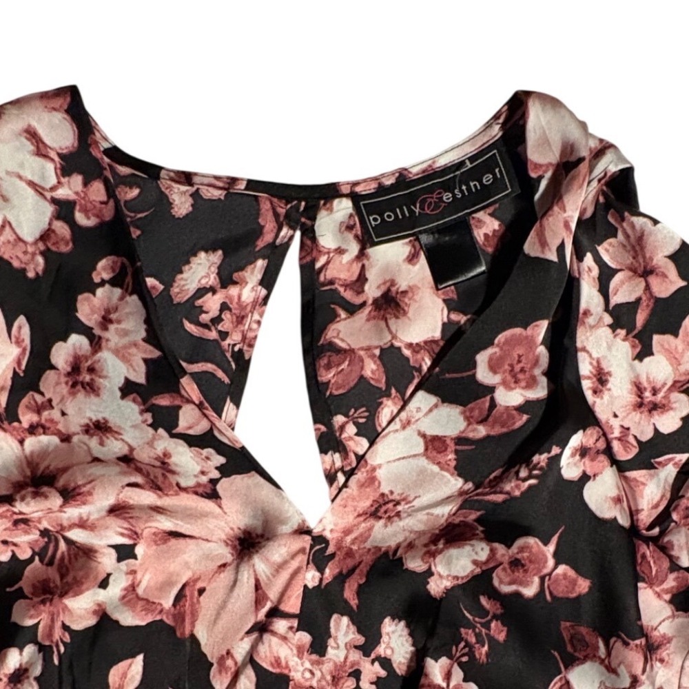 Black Pink Floral Satin Open Back Tie Crop Top Short Flutter Sleeve Small‎ - Picture 10 of 10